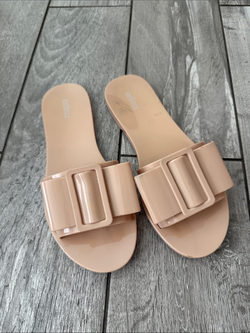 Melissa Beige Slide Sandals with Buckle Accent